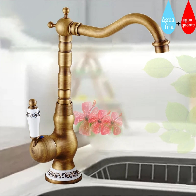 Torneira Para Pia Gourmet De Latão Com Alça Única Antiga Caramic