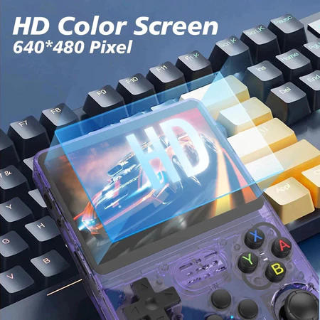 Detalhe da tela HD do console de jogos portátil R36S