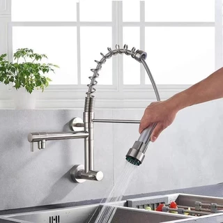 Torneira de cozinha 2 em 1 giratória 360°, de aço inoxidável 304 preto montada na parede