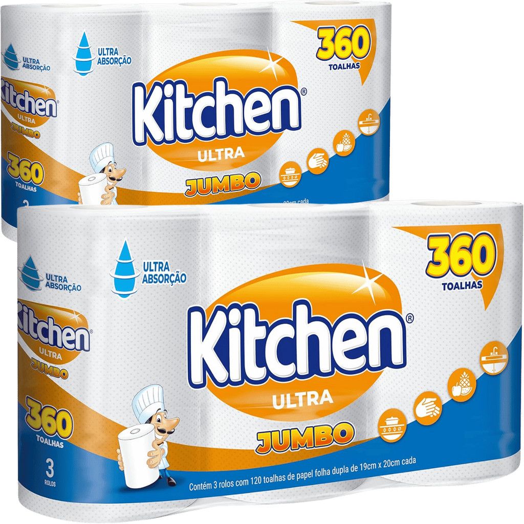 Papel Toalha Kitchen 720 Folhas Kit 2 Pacotes Jumbo Folha Dupla 19cm X ...