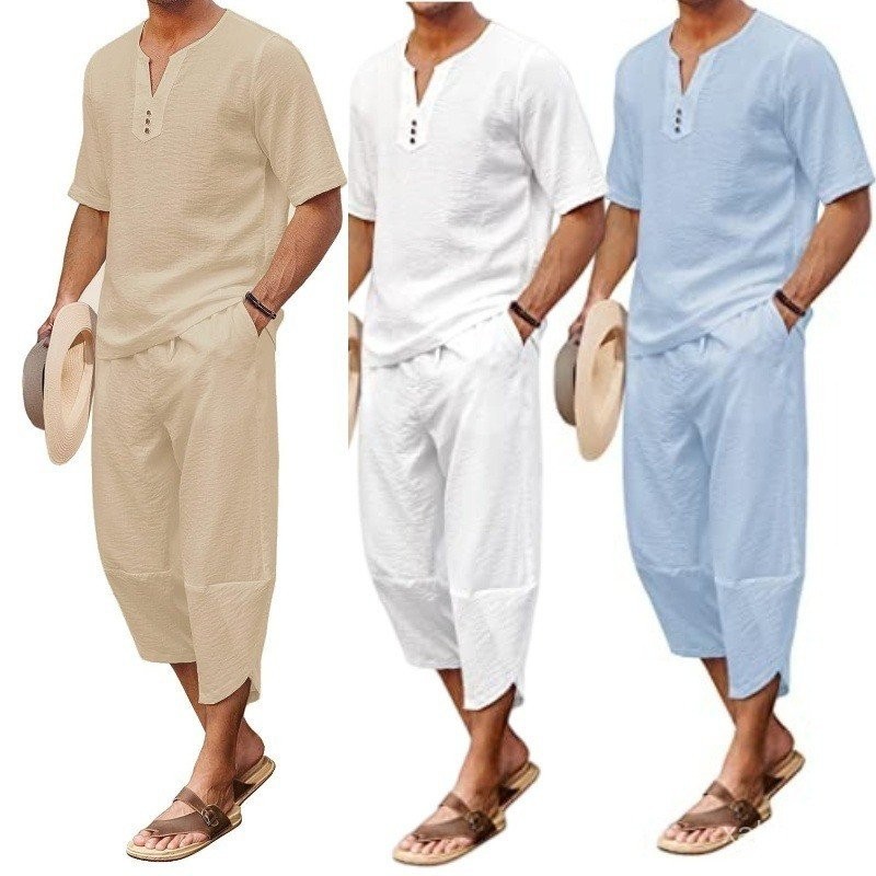 Homens de linho conjunto 2 peças mais tamanho manga curta V pescoço e ...