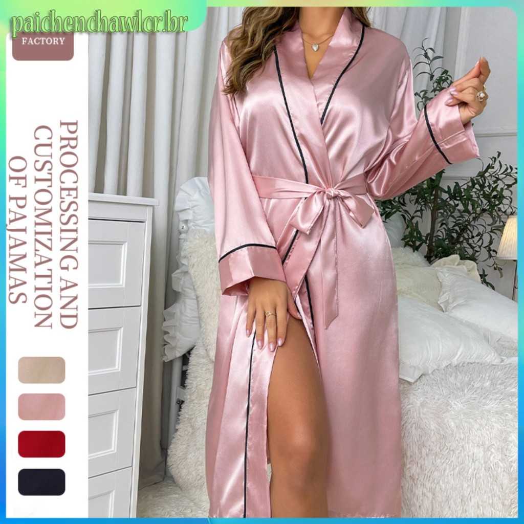 Robe de manga longa de cetim resistente elegante, decote em v e cinto ...