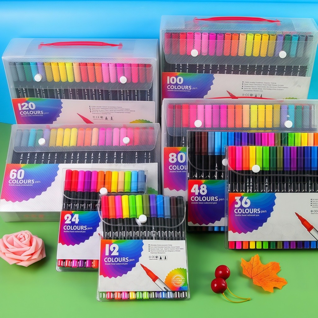 Kit 12/24/36/48/60 Canetas Brush e Ponta Fina 2 em 1 p/ Lettering, Desenho e Colorir