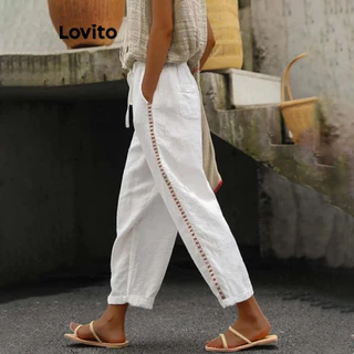 Lovito Calças casuais de renda lisa com bolso para mulheres LNL74446