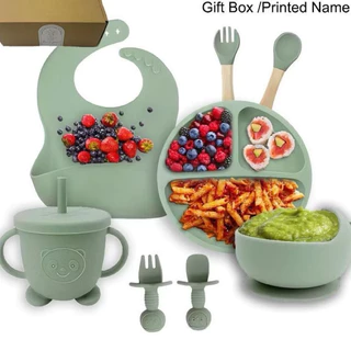 kit 6 pcs / 8 Peças Talheres alimentação bebê silicone  kit Talheres Infantil Com Ventosa Canudo Colher Babador Garfo em Oferta na Shopee