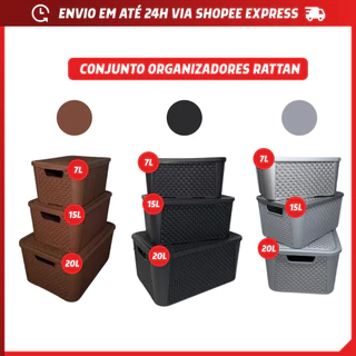 Kit 3 Caixa Organizadora Tampa 7L 15L 20L Empilhável Preto Café Cinza Casa Escritório em Oferta na Shopee