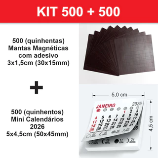 Kit 500 mantas magnéticas 30x15mm (3x1,5cm) + 500 calendários 2026 50x45mm (5x4,5cm)