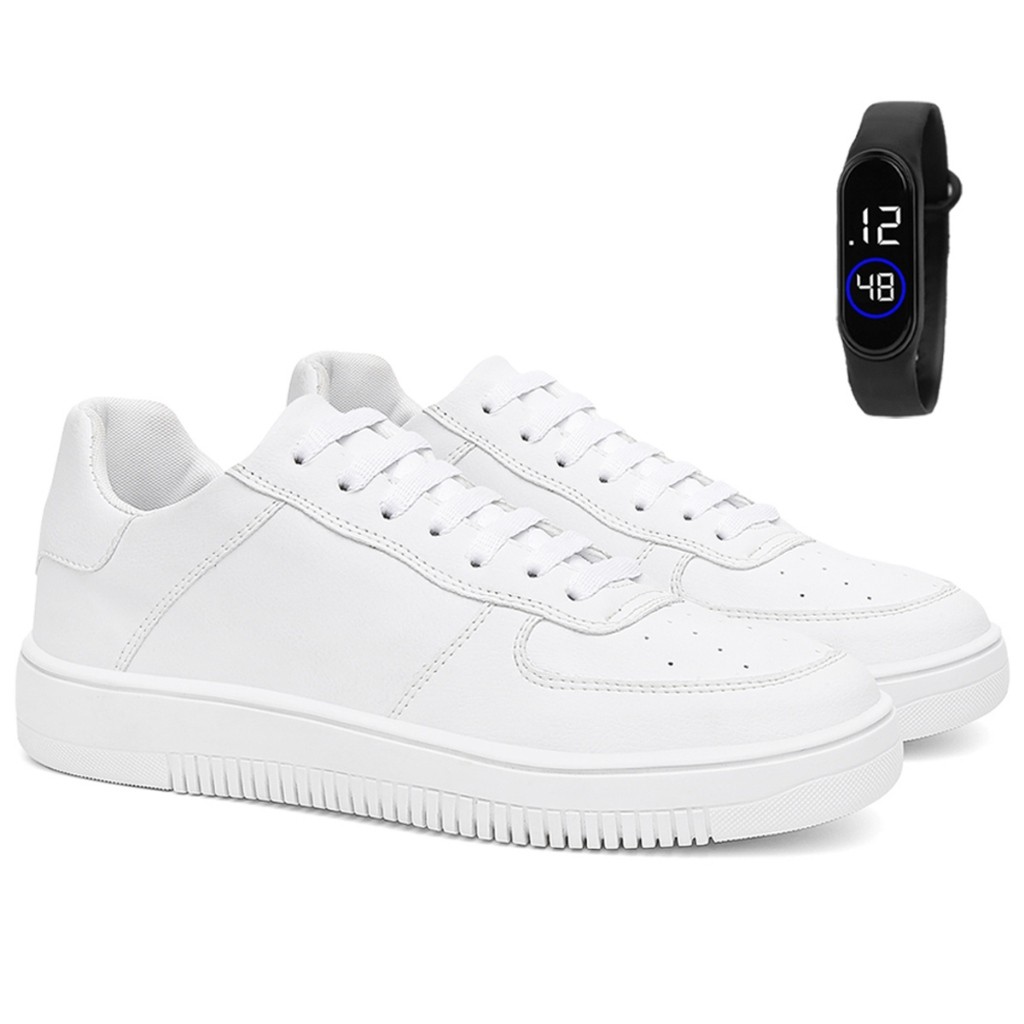 Tenis Air Branco Preto Force Masculino Feminino Básico Casual Confortável Leve + Relógio Slim Kit