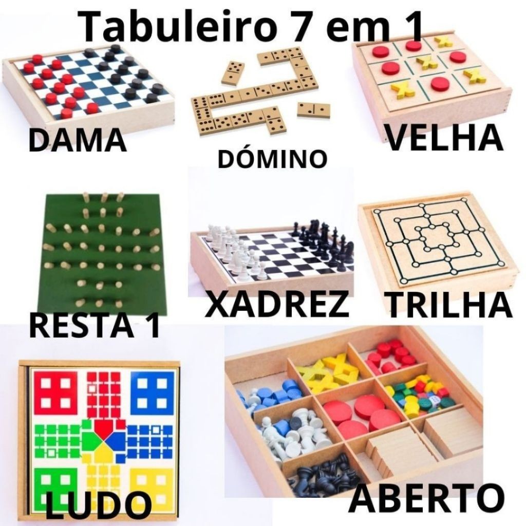 Jogo de Tabuleiro 7 em 1 em MDF Jogos Clássicos Dama Xadrez Trilha ...