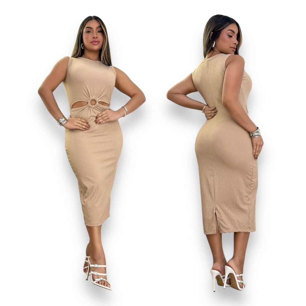 Vestido Midi Longo com Detalhe de Argola na Frente Nude | Shopee Brasil