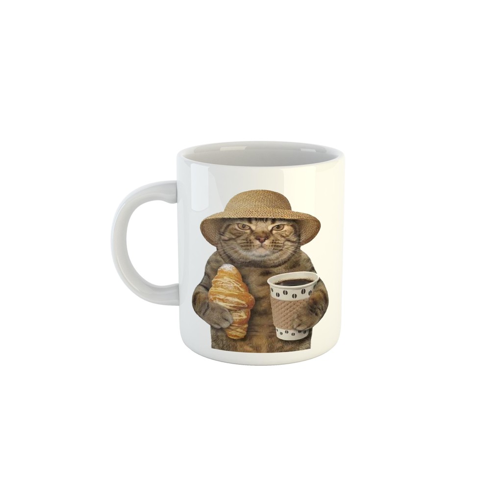 Caneca Hora do Café Croissant Gato Figurinha Engraçada