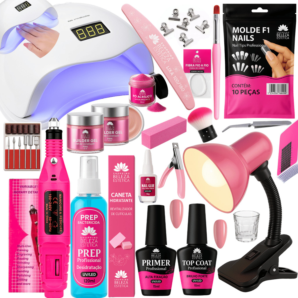 Kit Unha Gel Profissional Completo Cabine Sun 48W + Lixadeira Caneta 20 ...
