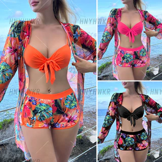 2025 new European and American sexy three-piece bikini Bikini/UV protection and sunblock beach smock