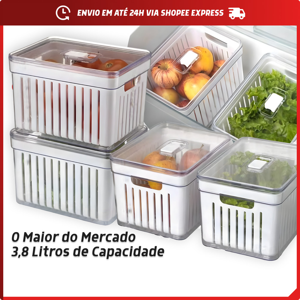 Kit 4 Organizador de Geladeira 3,8 Litros Cesto com Tampa Multiuso Alimentos Verduras e Vegetais