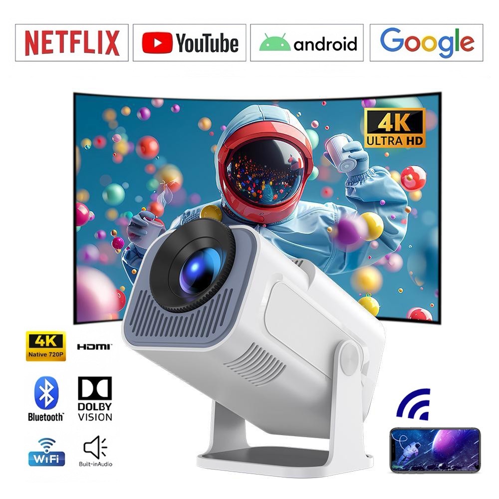 Projetor Smart HY 320 Mini Branco Preto Original Android 13.0 Full 4K HD Bluetooth Wi-fi 6.0