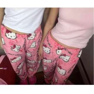 Pijamas de Flanela Kawaii Sanrio Hello Kitty Anime Mulheres Calças Longas de Lã Quente Cartoon Loungewear Casual em Oferta na Shopee