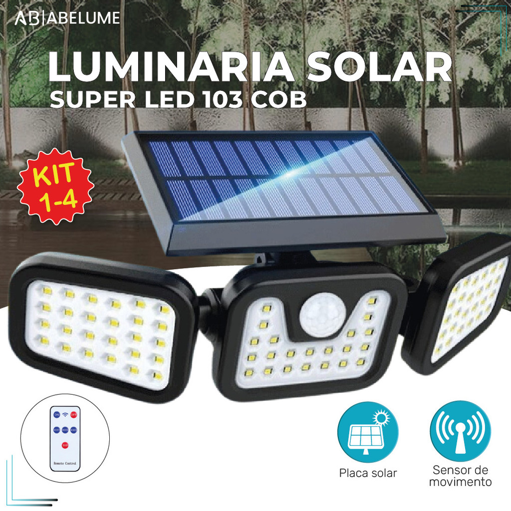 Kit 4 Luminária Solar Led 10W com Sensor de Movimento Luz Fria Ajustável para ambientes externos