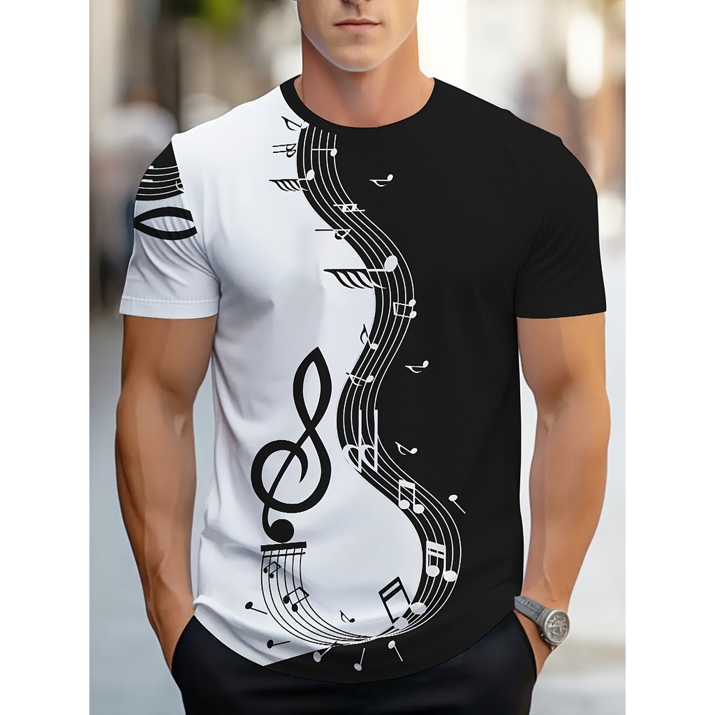 Camiseta Masculina Com Estampa De Nota De Guitarra – Casual Preto E ...