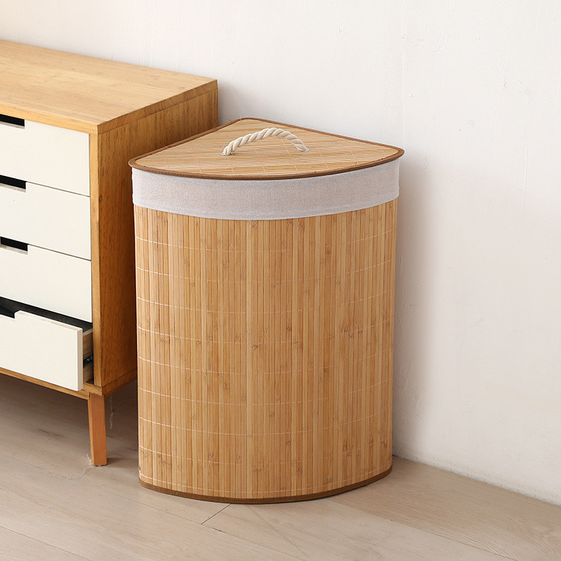 Cesto de Roupa Suja 70 LITROS Lavanderia Bambu c/ Tampa Retangular Forrado Quarto Banheiro Dobrável