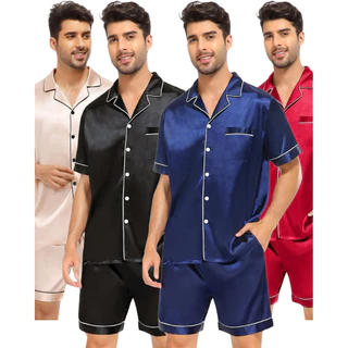 Pijama Masculino Marcos em Cetim com Elastano Short e Camisa Manga Curta com Bolso e Botões em Oferta na Shopee