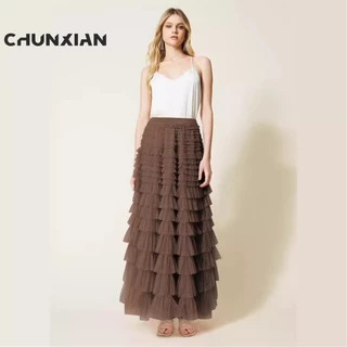 Jovem Elegante Saia Camadas Tule Fada Uma Linha Maxi Rufos