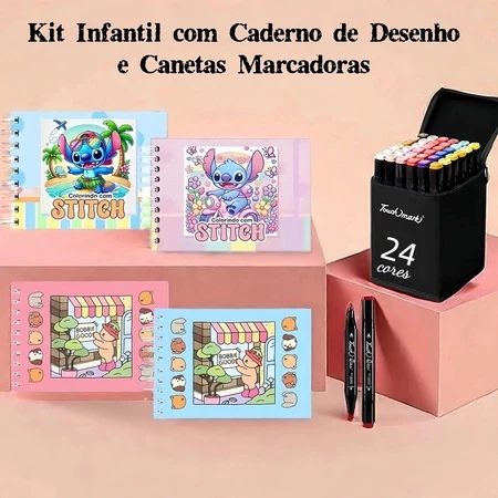 Kit Canetas Marcadores + Caderno de Colorir do Stitch