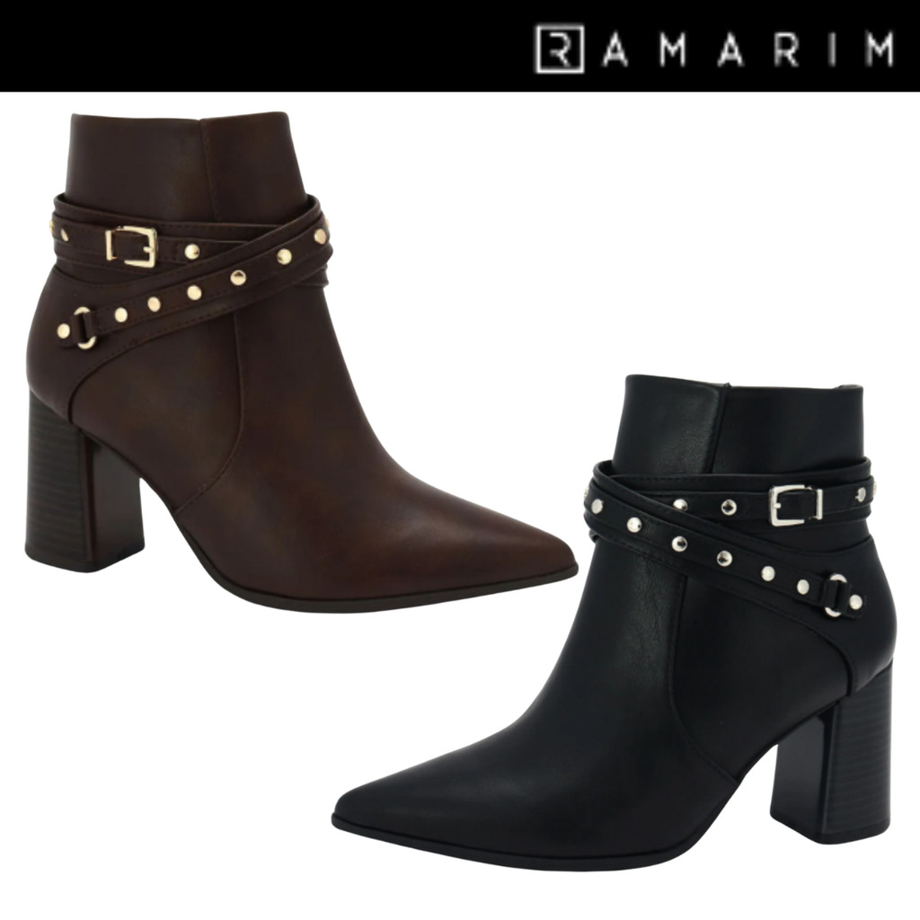 Bota Feminina Ramarim Cano Curto Detalhe Dourado Salto Grosso