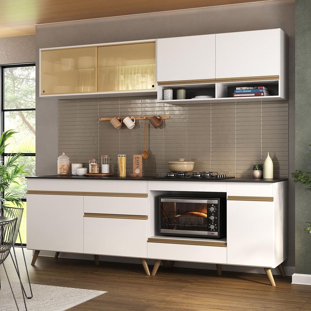 Armário de Cozinha Modulada Compacta 225cm com Balcão para Cooktop