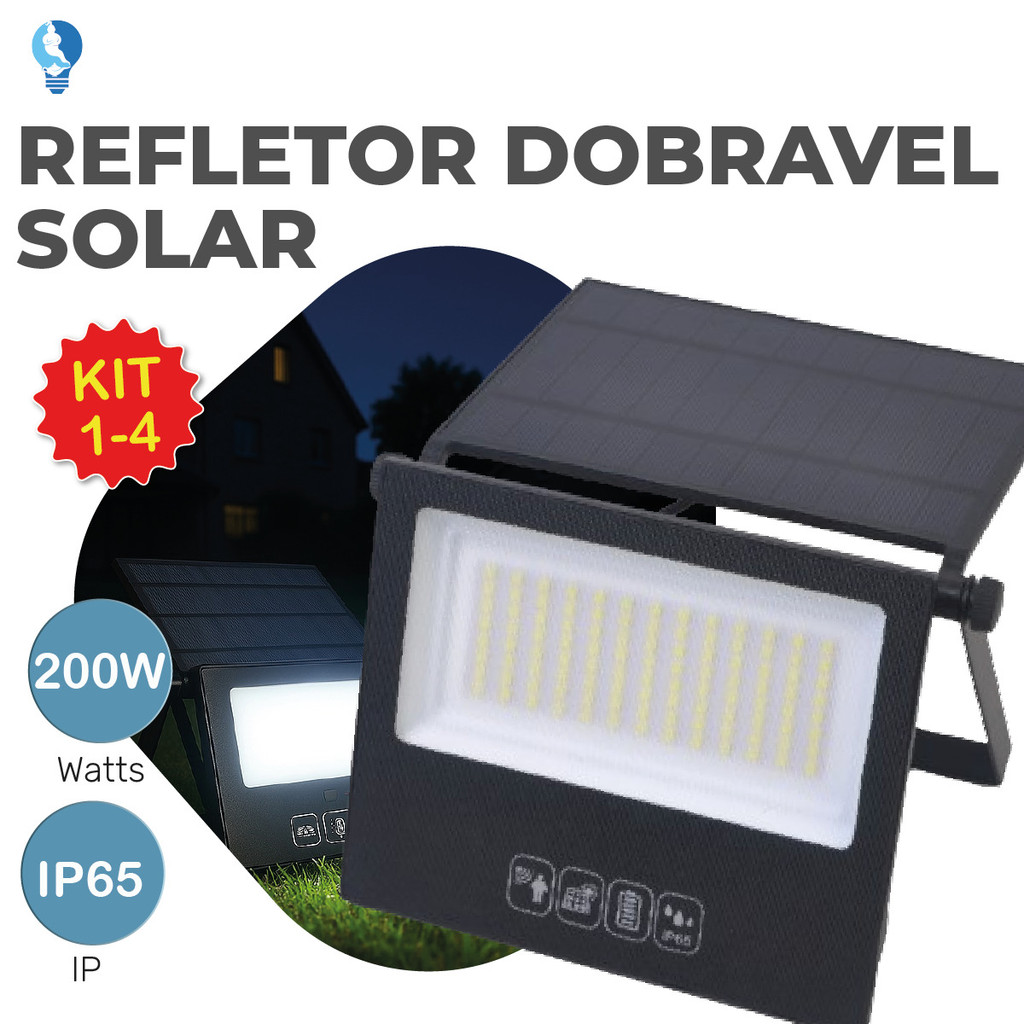 Kit 4 Refletor Solar Led 200w Placa Solar Luz Fria Prova Dágua Ajustável Dobrável c/ Controle Remoto