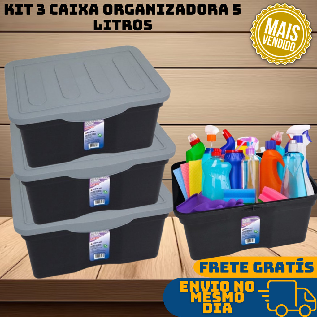 Kit 3 Caixas Cesto Organizador 5 Litros Grande Com Tampa Multiuso Armazenamento