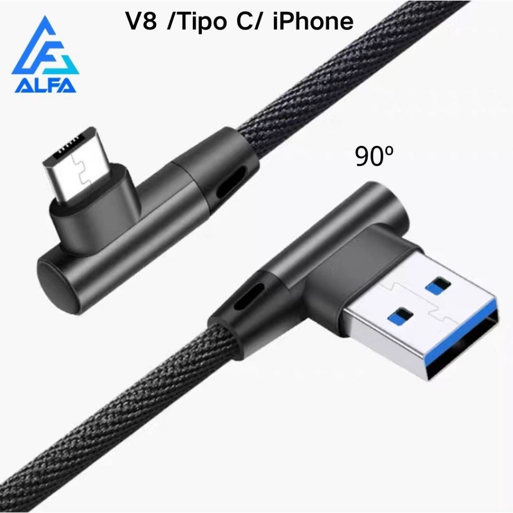 Cabo De Carrega 90º V8, Tipo C, iPhone Trançado Dados 1m Para Celular Universal Cor Aleatoria