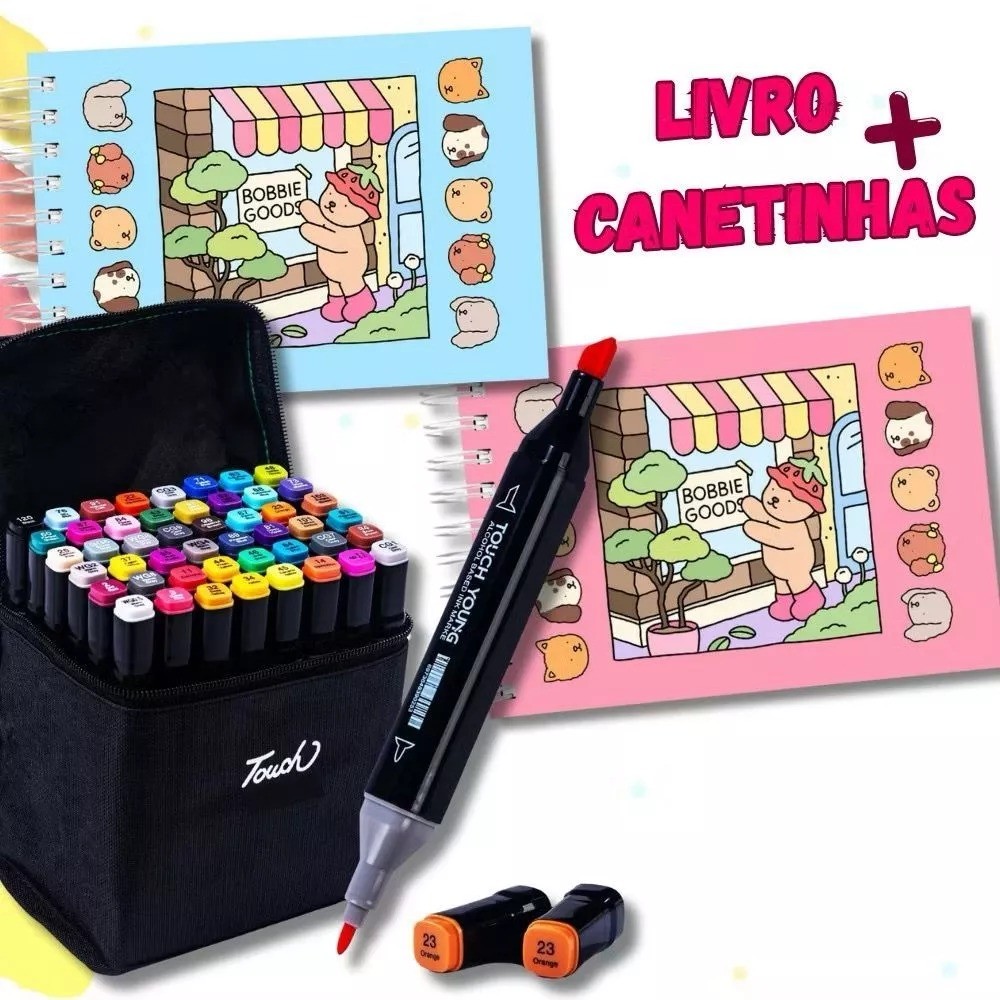 Imagem do produto Kit Livro De Colorir  Capa Dura 50 Páginas + Canetinhas Ponta Dupla Marca Texto 12/24/36/48/60 na loja Shopee