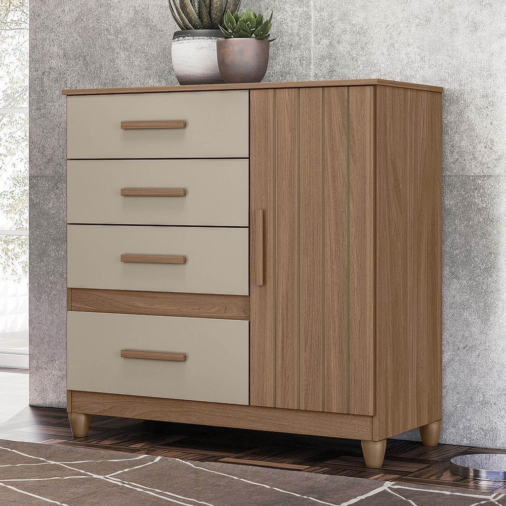 Cômoda Para Quarto 98cm Com 4 Gavetas Baco Carvalho/Fendi Z17