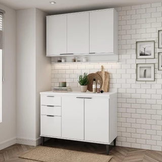 Armário de Cozinha Completa c Balcão Miami Vibe Carraro Branco em Oferta na Shopee