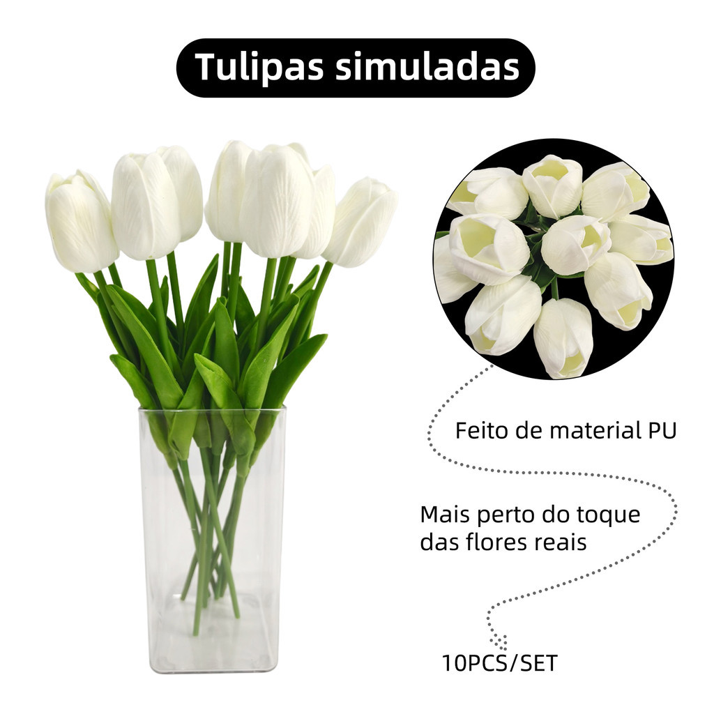 Foto de Flores Artificiais de Tulipa Branca em Poliéster  Kit 10 Decoração Minimalista de Casa e Eventos E1003