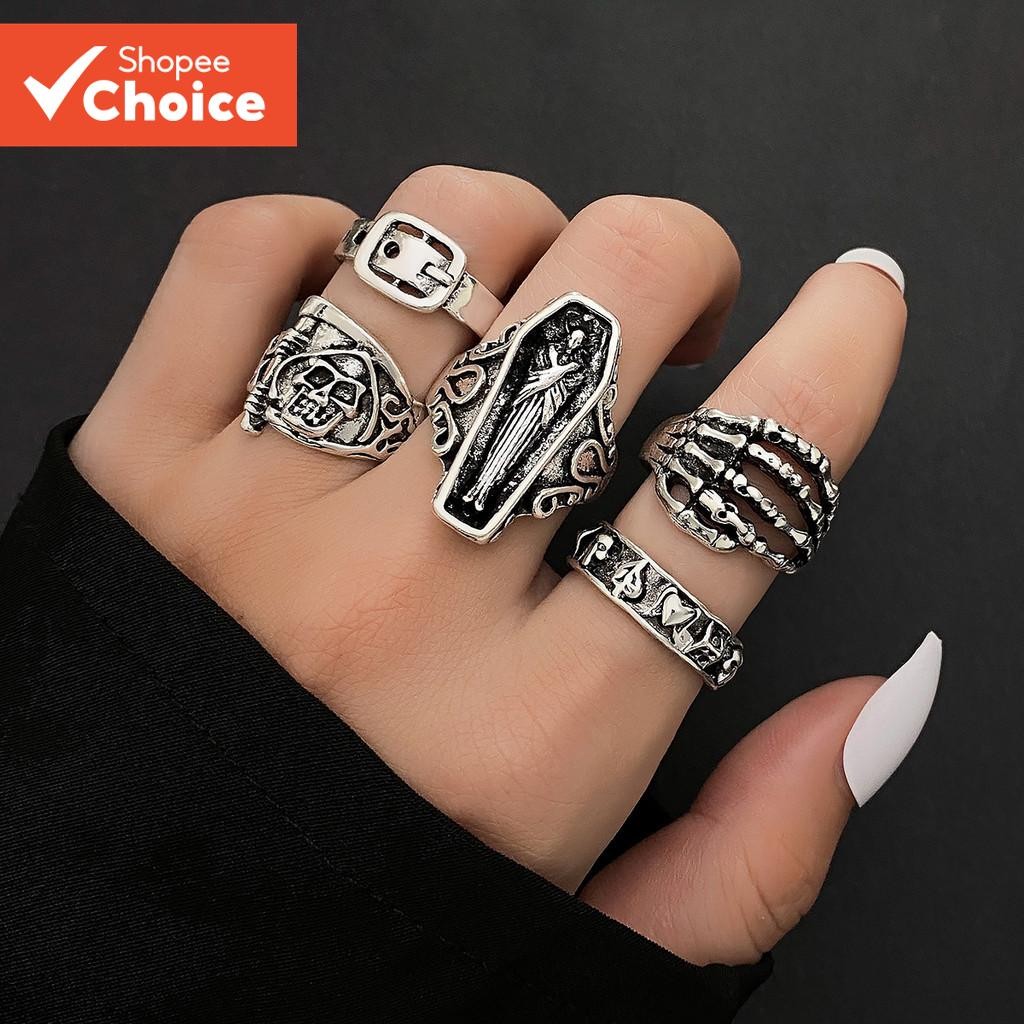 Conjunto De Joias De 5 Peças – Anéis Vintage Com Design De Caveira E Folhas , Acessórios Góticos Minimalistas Unissex