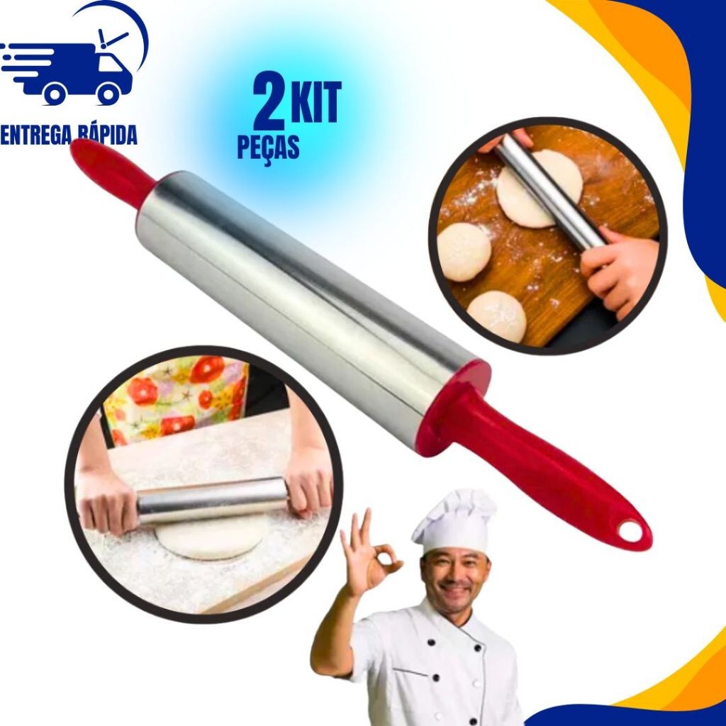 Kit 2/1 Rolo de Massa Cilindro de abrir Massa Inox com Cabo 