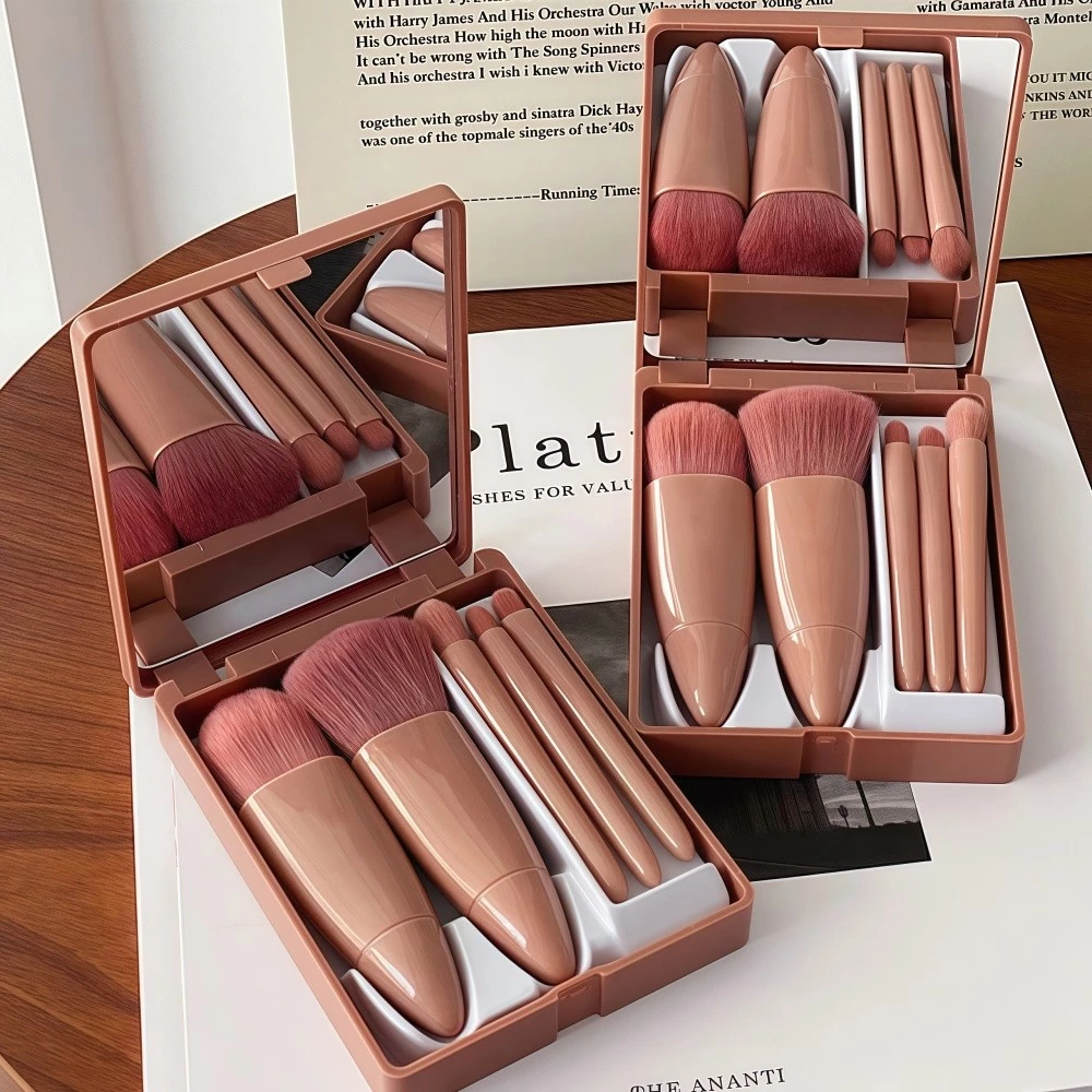 Mini Espelho De Maquiagem Portátil Com 5 Pcs Pincéis De Maquiagem Lupa Mão Segurar Bolso Dobrável Maquiagem Bel