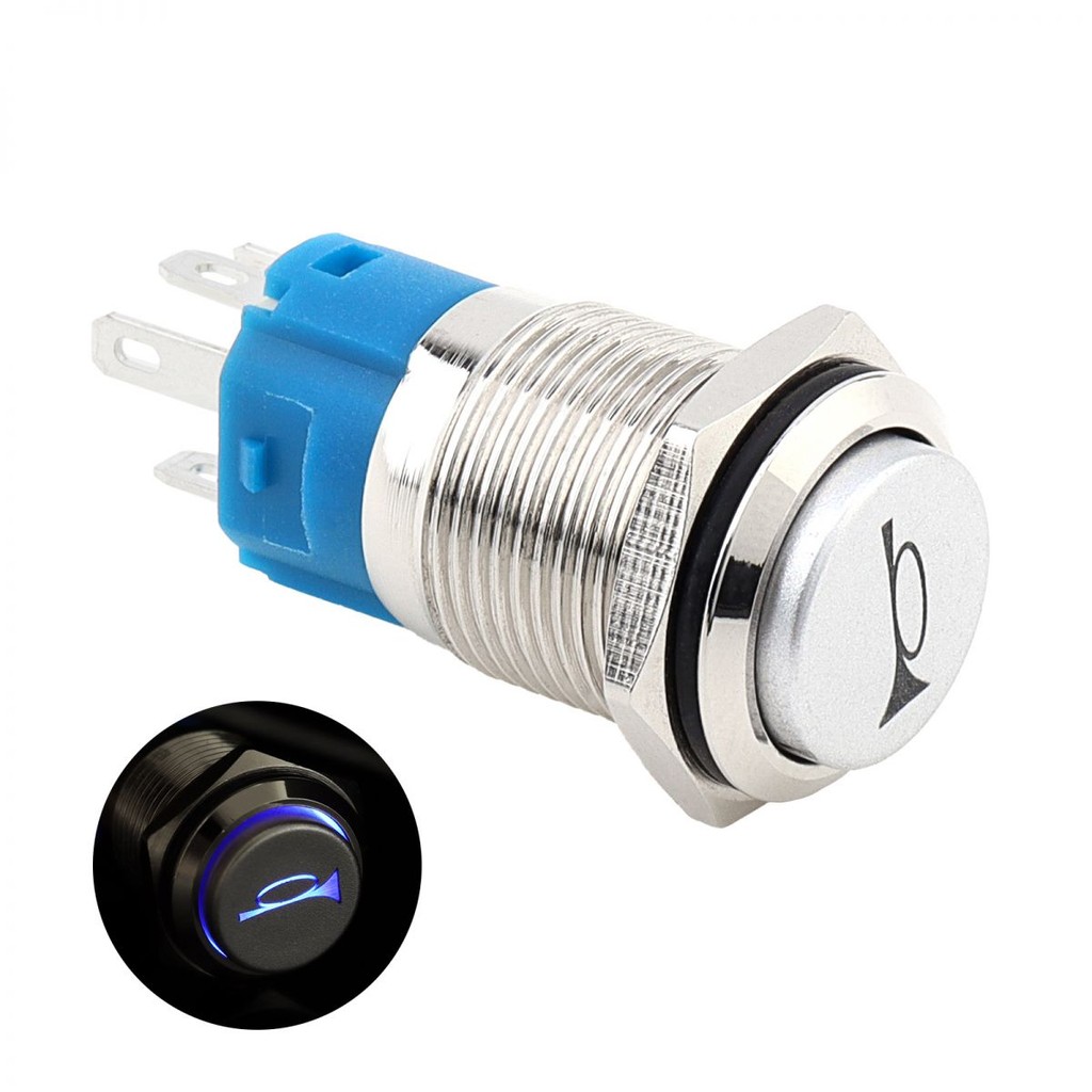 16mm/19mm 12-24V Azul LED Iluminado Interruptor De Botão Momentâneo De ...