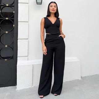 Conjunto Top Decote em V e Calça Wide Leg Marrant Lívia Coleção Outono/Inverno Lunii