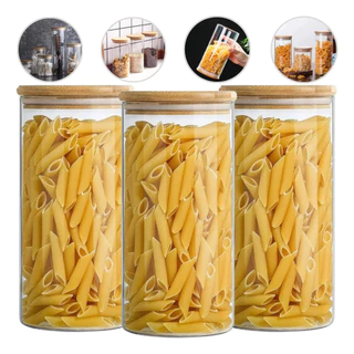 Kit 3 Potes De Vidro Hermético Tampa Bambu Alimentos Cereais Feijão Mantimentos
