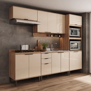 Armário de Cozinha Completa c Balcão Miami Essence Carraro Off White c Freijó em Oferta na Shopee