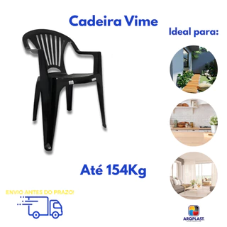 Cadeira Poltrona Preta Plastica Resistente Reforçada Suporta 154Kg Arqplast Para Jardim Bar Festa