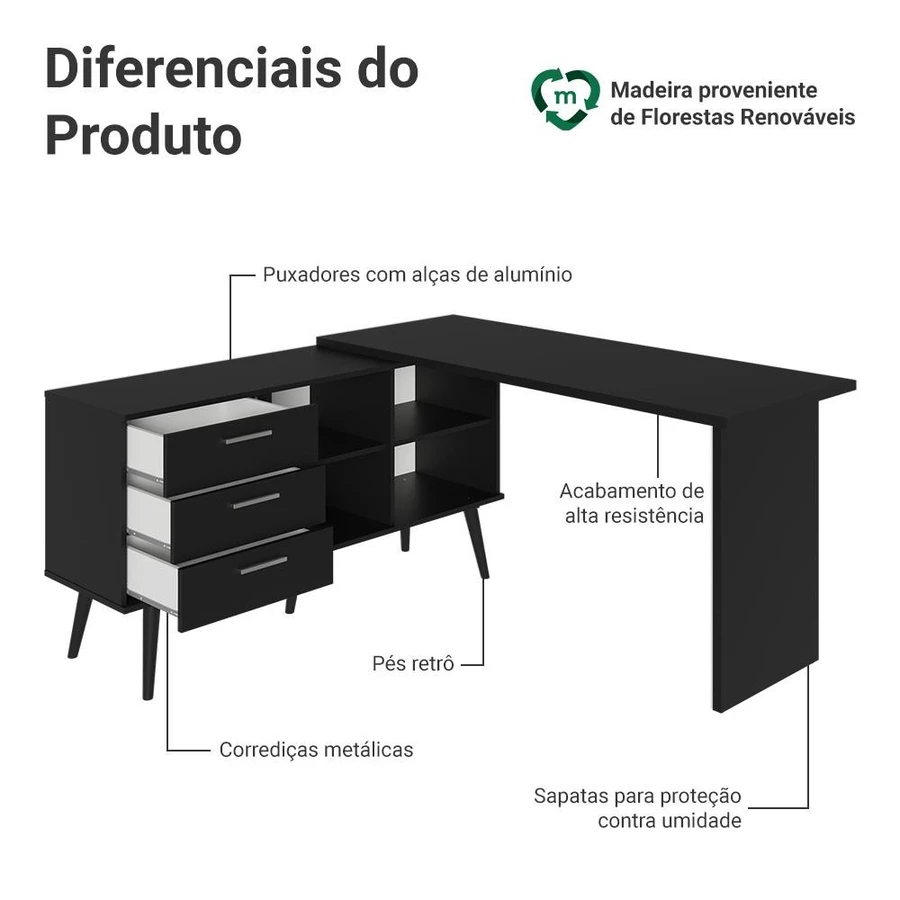 Mesa para Computador em L com 3 Gavetas Lisboa Madesa – Design Moderno - foto 8