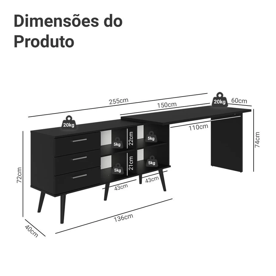 Mesa para Computador em L com 3 Gavetas Lisboa Madesa – Design Moderno - foto 7