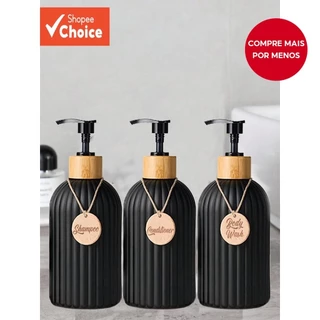 Conjunto de 3 frascos estriados de 500ml para shampoos, géis de banho e condicionadores.