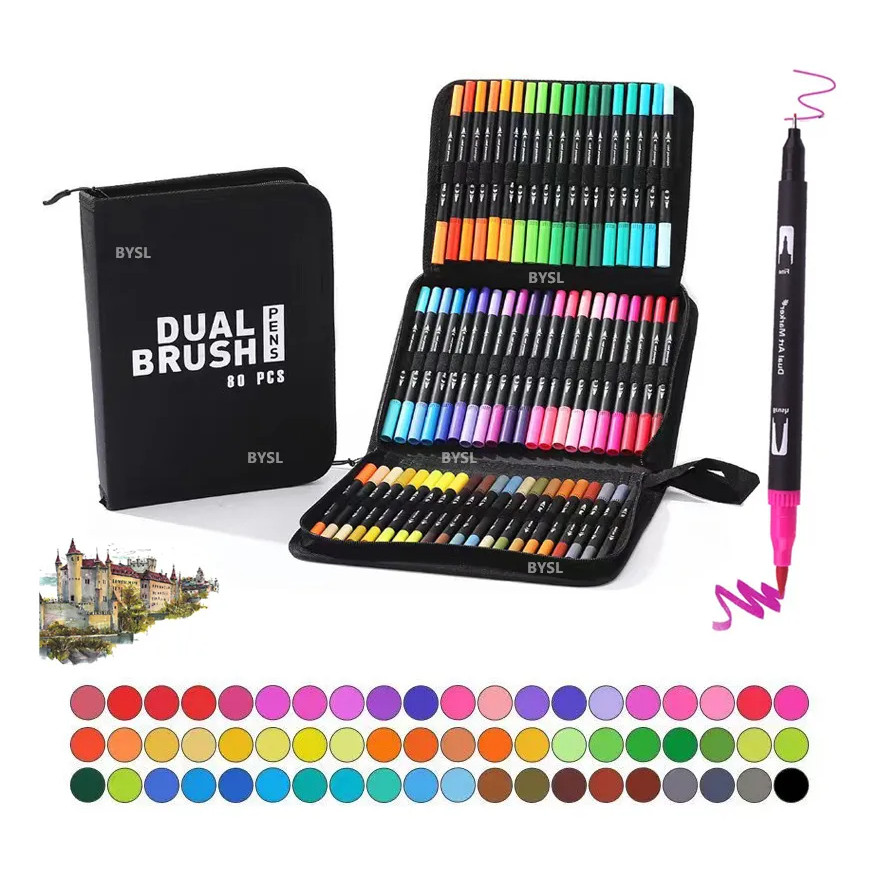 Kit 80 Canetas Ponta Dupla Brush Pen Fine Line Dual Touch Estojo