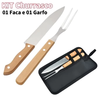 Kit de Churrasco Aço Inoxidável com Cabo de Madeira – 1 Faca + 1 Garfo 🥩