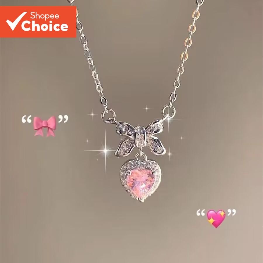 Colar De Laço Rosa Fofo Com Corrente Delicada De Zircônia De Coração Para Meninas Joias Escolares Da Moda