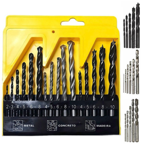 Kit Jogo 16 Brocas Estojo Ferro Concreto Madeira Videa Aço Para Furadeira